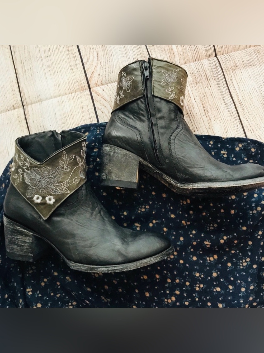 Old Gringo Black Leather Ankle Boots with Olive Embroidered Cuff